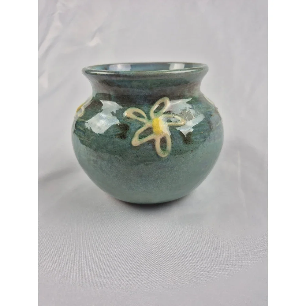 Vintage Studio Art Pottery Bud Vase Handmade Ceramic Teal Blue Floral Signed
